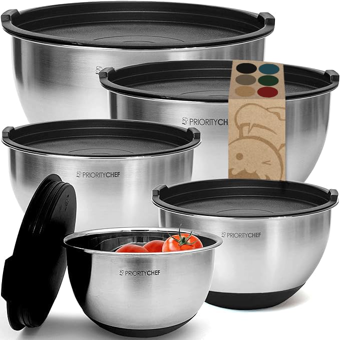 Priority Chef Premium Mixing Bowls With Lids Set, Airtight Lids, Thicker Stainless Steel, Non-Slip Base, 5 Nesting Steel Bowls for Kitchen, Large Prep Metal Bowl Set 1.5/2/3/4/5 Qt, Black