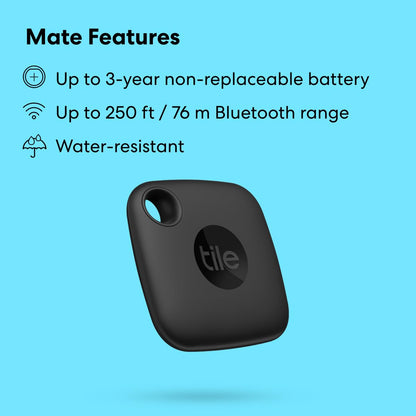 Tile Mate 1-Pack. Black. Bluetooth Tracker, Keys Finder and Item Locator for Keys, Bags and More; Up to 250 ft. Range. Water-Resistant. Phone Finder. iOS and Android Compatible.