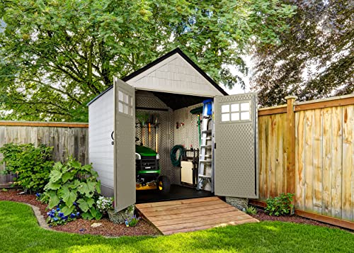 Rubbermaid Resin Outdoor Storage Shed With Floor (7 x 7 Ft), Weather Resistant, Beige/Brown, Organization for Home/Backyard/Garden Tools/Lawn Mower/Bike Storage/Pool Supplies