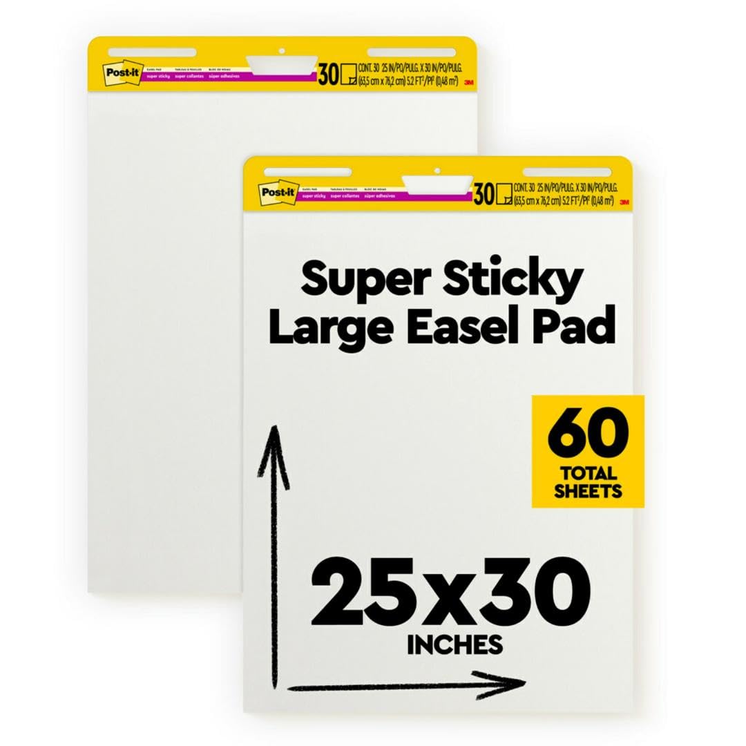 Post-it Super Sticky Easel Pad 25 in x 30 in White 30 Sheets/Pad 2 Pad/Pack Large White Premium Self Stick Flip Chart Paper Super Sticking Power (559)
