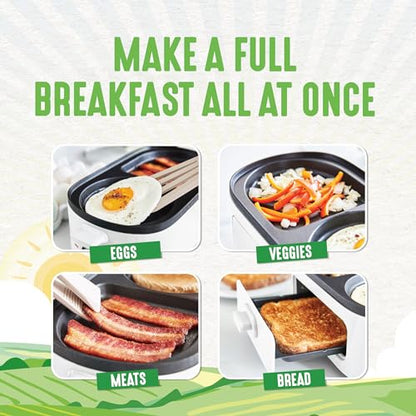 GreenLife 3-in-1 Breakfast Maker Station, Healthy Ceramic Nonstick Dual Griddles for Eggs Meat Sausage Bacon Pancakes and Breakfast Sandwiches, 2 Slice Toast Drawer, Easy-to-use Timer, White