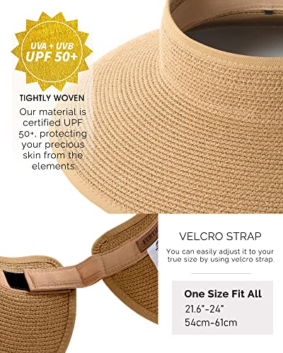 FURTALK Sun Visor Hats for Women Wide Brim Straw Roll-Up Ponytail Summer Beach Hat UV UPF Packable Foldable Travel Khaki