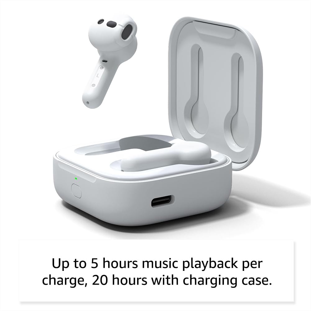Amazon Echo Buds (newest model), True Wireless Bluetooth 5.2 Earbuds with Alexa, audio personalization, multipoint, 20H battery with charging case, fast charging, sweat resistant, Glacier White