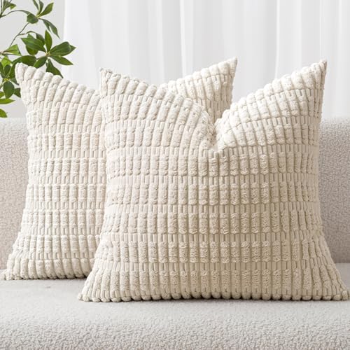 MIULEE Corduroy Decorative Throw Pillow Covers 18x18 Cream White Pack of 2