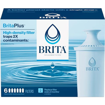 Brita Plus Water Filter, BPA-Free, High-Density Replacement Filter for Pitchers and Dispensers, Reduces 2x Contaminants*, Lasts Two Months or 40 Gallons, Includes 6 Filters