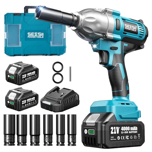 Seesii Impact Wrench 665 FT-LBS 3300IPM 1/2 Impact Gun High Torque Electric Impact Driver Cordless with 21V 2x4.0Ah Battery 6 Sockets for Home Car Tire Lug Nut Removal