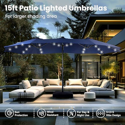 PHI VILLA 15ft Large Patio Umbrella with Solar Lights, Double-Sided Outdoor Market Rectangle Umbrellas with 36 LED Lights, Umbrella Base (Stand) Included, Navy Blue