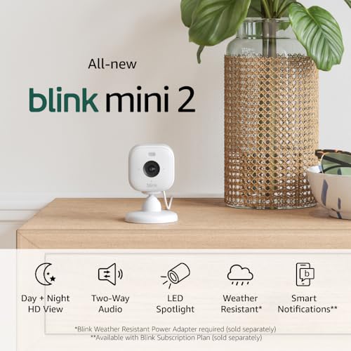 Blink Mini 2 — Plug-in smart security camera, HD night view in color, built-in spotlight, two-way audio, motion detection, Works with Alexa (White)