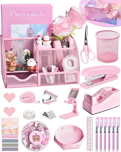 LXEVIHK Pink Desk Accessories, 23-Piece Office Supplies Gift Set for Women