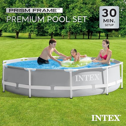 Intex Prism Frame Above Ground Swimming Pool Set with 3 Ply Polyvinyl Chloride Material and Krystal Clear Filtration for Outdoor Use, Gray