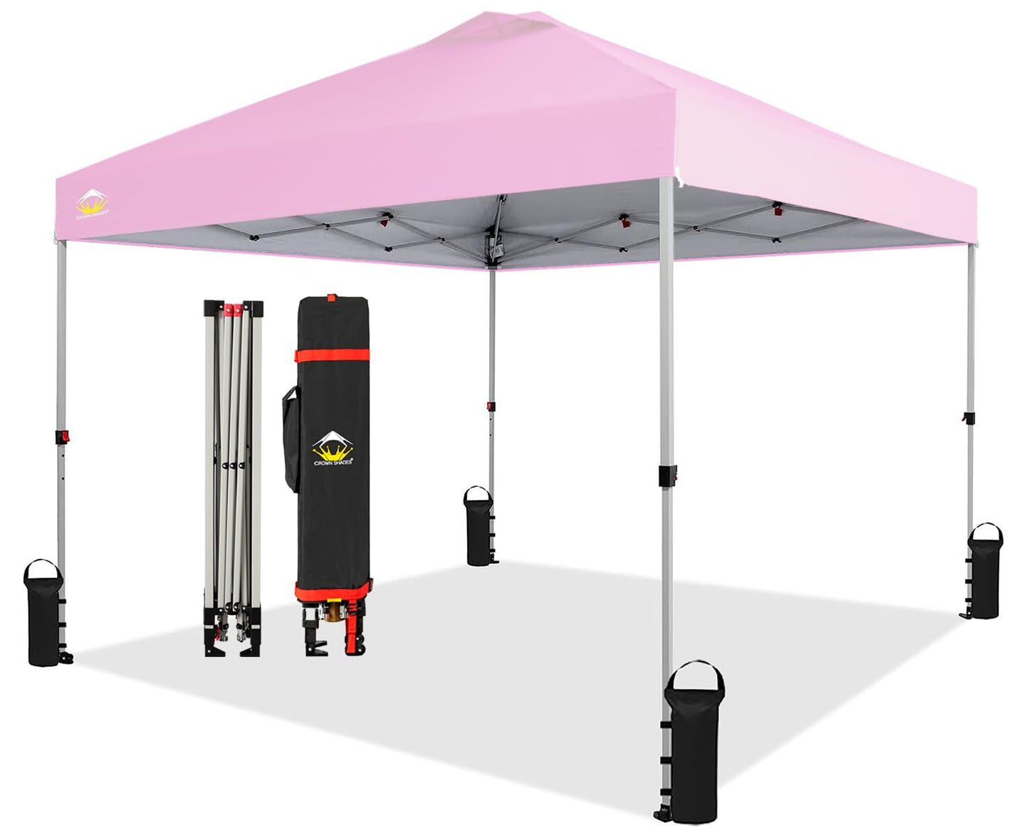 CROWN SHADES 10x10 Pop Up Canopy - Beach Tent with One Push Setup - Easy Outdoor Sun Shade for Events, Parties, Camping - Gazebo with STO-N-Go Cover Bag, Silver Coated Top, Pink