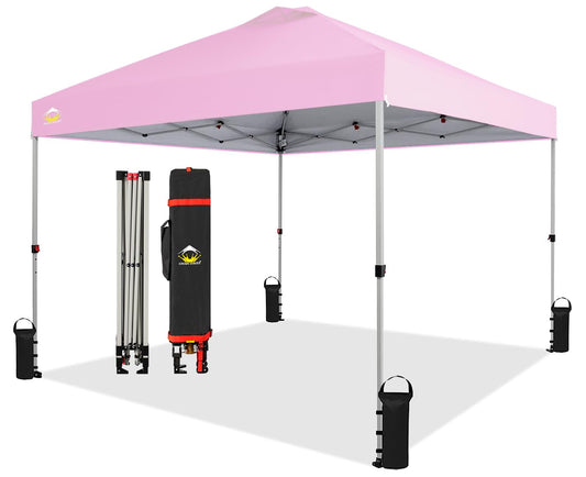 CROWN SHADES 10x10 Pop Up Canopy - Beach Tent with One Push Setup - Easy Outdoor Sun Shade for Events, Parties, Camping - Gazebo with STO-N-Go Cover Bag, Silver Coated Top, Pink