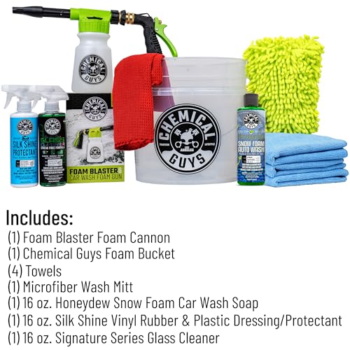 Chemical Guys HOL148 10-Piece Arsenal Builder Car Wash Kit with Foam Gun, Bucket, (4) Towels, Wash Mitt and (3) 16 oz. Car Cleaning Chemicals (Works w/Garden Hose) – 2024 Version