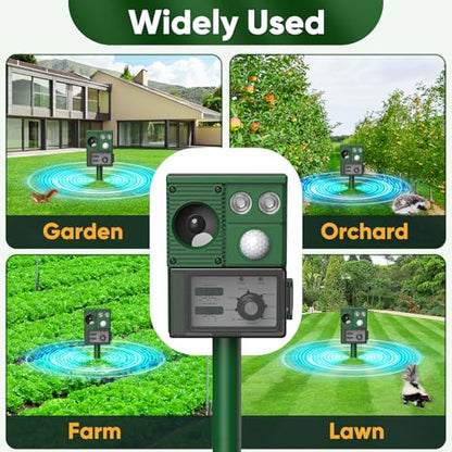 Solar Ultrasound Animal Repellent Outdoor, Deer Repellent Devices Skunk Repellent with Motion Detector & Flashing Light, Waterproof Raccoon Repeller, Cat Squirrel Rabbit Rat Repeller for Yard (Green)