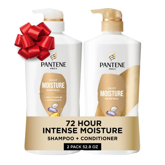 Pantene Shampoo & Conditioner Set, Daily Moisture Renewal - Pro-V Nutrients for Dry, Color-Treated, Straight to Curly Hair, 72-Hour Hydration & Softness, 52.8 Oz Total + Miracle Rescue Shot (0.5 Oz)