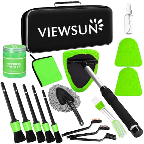 Viewsun Green Windshield Cleaner Tool, 17Pcs Car Interior Cleaning Kit, Detailing Kit Interior Cleaner, Car Detailing Brushes, Cleaning Gel, Inside Cleaning Accessories for Trucks, SUVs, RVs Window