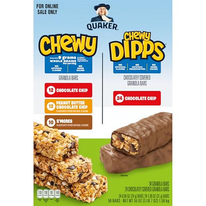 Quaker Chewy Granola Bars, Chewy & Dipps Variety Pack, (58 Bars), Whole Grains, No Artificial Flavors, No Added Colors