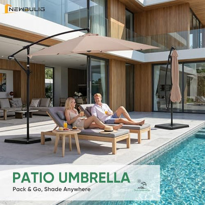 NEWBULIG 10FT Patio Umbrella with Base Included, Offset Cantilever Outdoor Patio Table Umbrella, UV Protection, Fade Resistant Fabric, Easy Tilt Adjustment for Pool, Deck, Garden, Backyard, Khaki