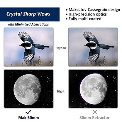 Maksutov-Cassegrain Telescope, Mak60 Telescopes for Kids Adults 750x60mm, Compact Portable for Travel, Beginner Astronomy Telescope with Adjustable Tripod Finderscope and Phone Adapter
