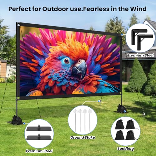 120inch Projector Screen with Stand: Portable Projector Screen Outdoor Indoor Front/Rear16:9 4K HD with Carry Bag Sandbag- Movie Screen for Backyard Moive Night, Camping, Theater