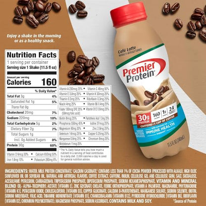 Premier Protein Shake, Café Latte, 30g Protein 1g Sugar 24 Vitamins Minerals Nutrients to Support Immune Health, 11.5 fl oz (Pack of 6)