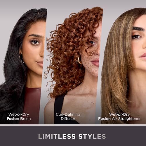 Shark FlexFusion Hair Straightener & Powerful Hair Dryer with Fusion Hair Brush, Ceramic Air Styler with Auto-Wrap Curlers & Concentrator, Ceramic Plates, Cosmic Blush HD641S