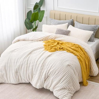 BEDELITE Fleece King Comforter Set, Fluffy Bed Set, Cream White