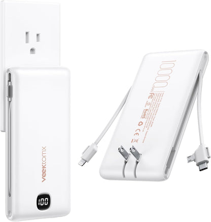 VEEKTOMX Portable Charger with Built in Cables 10000mAh, Power Bank for iPhone with Wall Plug, Travel Essential Fast Charging USB C Slim External Battery Pack for iPhone16/15/14, Samsung, iPad, etc