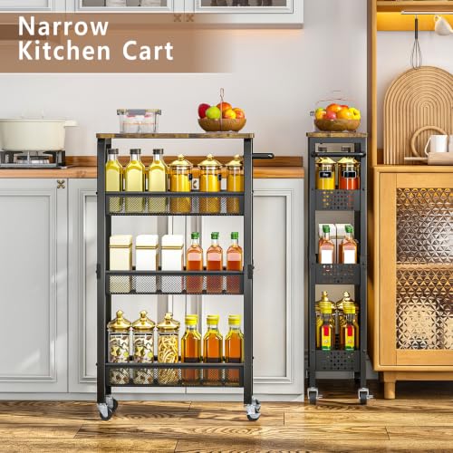 Gibyela 4-Tier Slim Utility Rolling Cart with Wheels, Wood Top, Metal | 7.1" Slim Design for Narrow Spaces, Wood Top with Metal Frame, Ideal for Laundry Room, Bathroom, Kitchen and Office