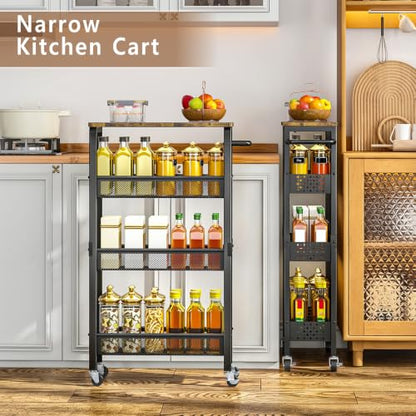 Gibyela 4-Tier Slim Utility Rolling Cart with Wheels, Wood Top, Metal | 7.1" Slim Design for Narrow Spaces, Wood Top with Metal Frame, Ideal for Laundry Room, Bathroom, Kitchen and Office