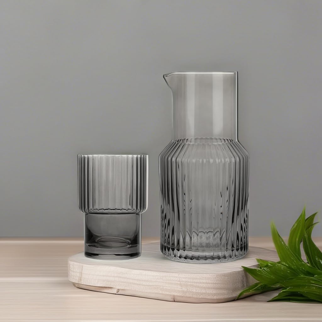 elle decor Gray Ribbed 2 Pc Carafe Set | Bedside Night Water Carafe | Glass Pitcher and Cup that Doubles as a Lid | Glass Tumbler Perfect for Storing Water, Juice, and Other Drinks on Desktop/Shelf