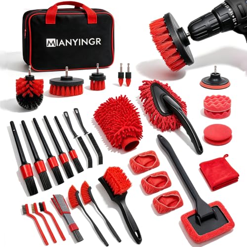 MIANYINGR 32Pcs Red Car Detailing Kit – Brush Set & Cleaning Kit with Drill Brush, Polishing/Waxing Pads, Interior/Exterior Tools for Wheels & Windshield – Portable Handbag