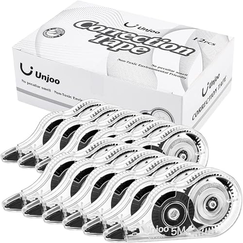 Unjoo White Correction Tape, For school, Office,12pack, 5M/196"x0.2",Black