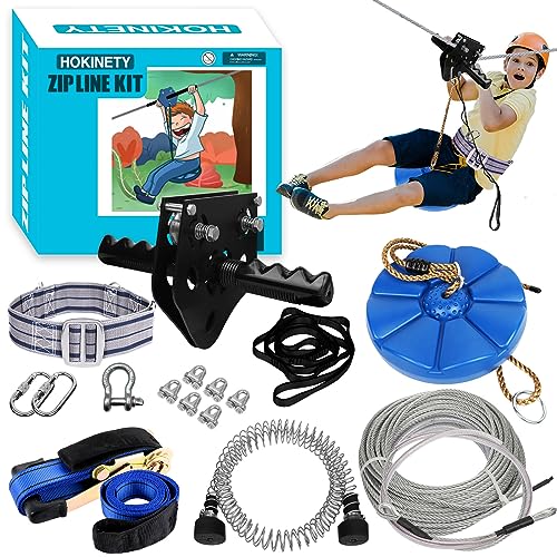 HOKINETY Zip Line Kit for Kids Adults : Up to 450Lbs 150FT Zipline for Backyard Outdoor with 100% Rust Proof Removable Trolley Swing Seat Safety Harness Spring Brake