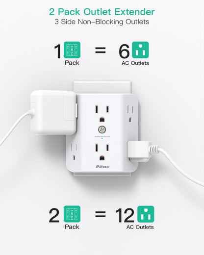 2 Pack Surge Protector Outlet, Outlet Splitter, Multi Plug Wall Outlet with 6 Wall Outlets, Outlet Adapter, Plug Extender, Outlet Extender for Home Office Dorm Room