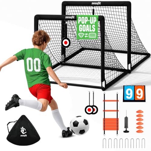 Kids Soccer Goal Set for Backyard - 4x3FT Portable Soccer Nets (Set of 2) with Ball, Scoreboard, Agility Ladder, Cones & Target Nets - Indoor Outdoor Soccer Training Equipment for Kids, Boys & Girls