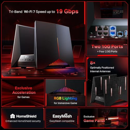 TP-Link Tri-Band BE19000 Wi-Fi 7 Gaming Router Archer GE800 | 12-Stream 19 Gbps | 2×10G + 4×2.5G Ports, USB 3.0 | Turbo Acceleration, Dedicated Gaming Port & Panel, RGB Lighting | EasyMesh, HomeShield