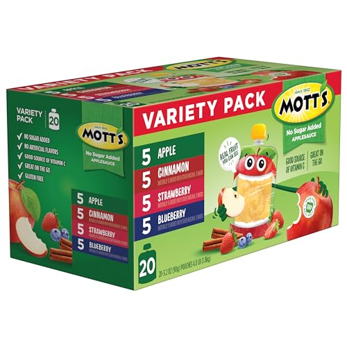 Mott's No Sugar Added Applesauce Variety Pack, 4 Flavors – Apple, Strawberry, Cinnamon & Blueberry, Made from Real Fruit, No Artificial Flavors, 3.2 Clear Pouches, 20 Pack