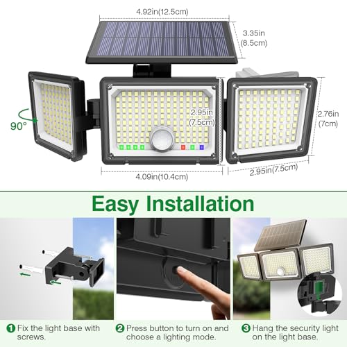 Solar Outdoor Lights Motion Sensor, 3500LM 286 LED Security Flood Lights with Visual Battery & Mode Display, 3 Lighting Modes, IP65 Waterproof 3-Head Wide Angle for Garage, Yard, Patio (2 Pack)