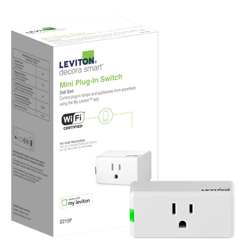 Leviton Decora Smart Plug, Wi-Fi 2nd Gen, Works with Matter, My Leviton, Alexa, Google Assistant, Apple Home/Siri & Wire-Free Anywhere Companions for Switched Outlet, D215P-2RW, White