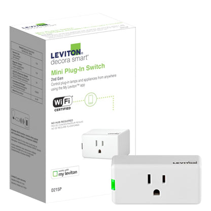 Leviton Decora Smart Plug, Wi-Fi 2nd Gen, Works with Matter, My Leviton, Alexa, Google Assistant, Apple Home/Siri & Wire-Free Anywhere Companions for Switched Outlet, D215P-2RW, White