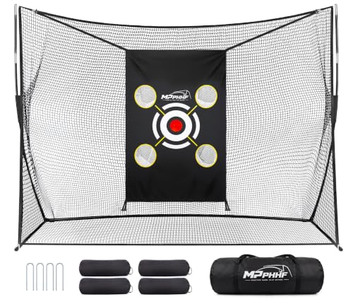 Golf Net, 10x7FT Heavy Duty Golf Practice Net for Backyard Driving Real Golf Balls with Quiet 4-Pocket Target Cloth, 4 Empty Sandbags, Stakes & Carry Bag, Indoor Outdoor Hitting Net