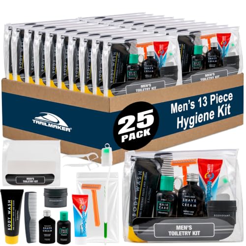 Trailmaker 25 Pack Men's Hygiene Kits, 13-Piece Homeless Care Package Supplies, Personal Care Essentials for Men, Bulk Hygiene Travel Kits, Homeless Supplies in Bulk for Charity, Donation