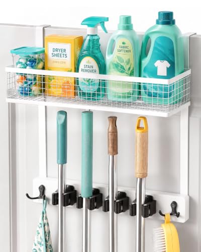 BS-VOG Over the Door Broom Holder with Basket, Wooden Mop & Broom Organizer