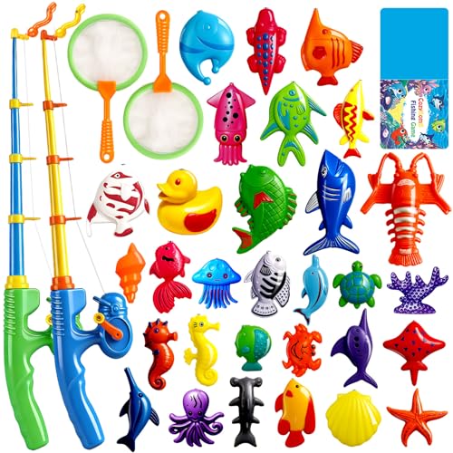 CozyBomB™ Magnetic Fishing Toys Game Set for Kids | Water Table Bathtub Kiddie Pool Party Pole Rod Net, Outdoor Plastic Floating Fish, Toddler Bath Color Ocean Sea Animals Birthday Gift Age 3-5 6 4-8