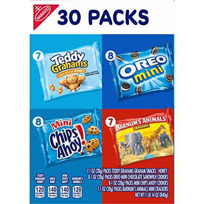 Nabisco Team Favorites Variety Pack, OREO Mini, CHIPS AHOY! Mini, Teddy Grahams Honey & Barnum's Animal Crackers, School Snacks, 30 Snack Packs