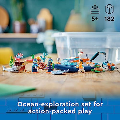 LEGO City Explorer Diving Boat 60377 Ocean Building Toy, Includes a Coral Reef Setting, Mini-Submarine, 3 Minifigures and Manta Ray, Shark, Crab, 2 Fish and 2 Turtle Figures