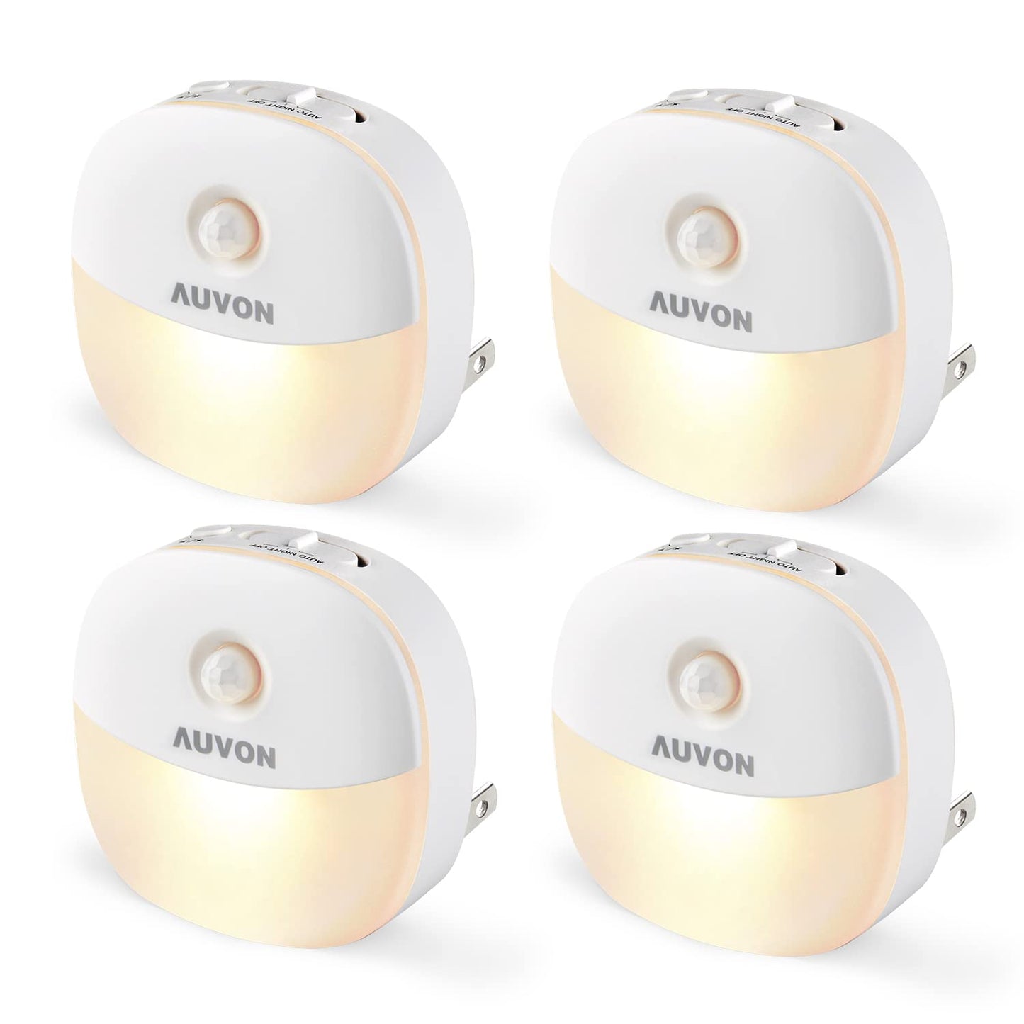 AUVON Plug in Night Light with Motion Sensor and Dusk to Dawn Sensor, Mini Warm White LED Nightlight with 1-50 lm Adjustable Brightness for Bathroom, Hallway, Stairs, Bedroom, Kitchen (4 Pack)