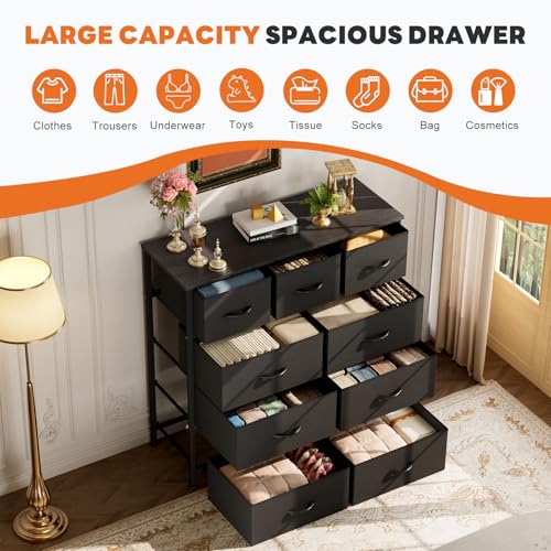 Sweetcrispy 9-Drawer Fabric Dresser Storage Tower with Wood Top and Steel Frame, Organizer Chest with Easy Pull Handles for Bedroom, Closet, Hallway,Classic Black