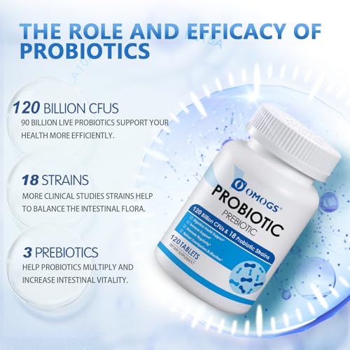 OMOGS Probiotics 120 Billion CFUs 18 Strains,with 3 Organic Prebiotics & Vitamin C,Nutritional Supplement for Women,Men & Kids,Support Metabolism,Immunity and Digestive Health,Non-GMO, 120 Tablets